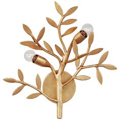 a wooden tree with two light bulbs on it's branches and leaves in front of a white background