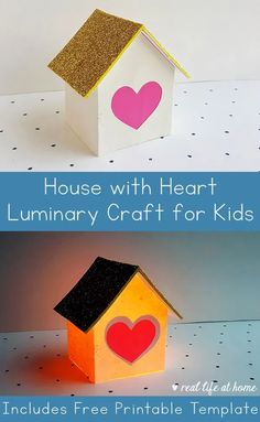 a paper house with heart on it and the words, house with heart for kids includes free printable template