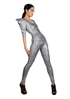 Bowie Halloween Costume, David Bowie Halloween Costume, David Bowie Halloween, Spandex Catsuit, Black Leotard, Silver Holographic, Original Fashion, V Cuts