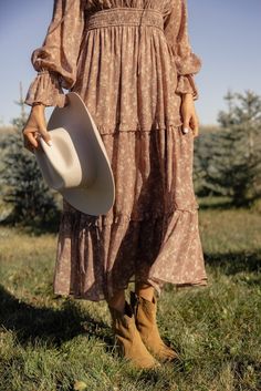 Floral Tiered Dress - Women's Dresses | ROOLEE Earth Tone Maxi Dress, Dress With Flat Boots, Modesty Journey, Housewife Life, Christian Outfits, Sunset Dress, Spring Tea, Spring Pictures, November 9th