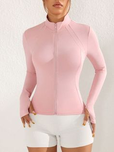 Women's Solid Color Zipper Front Long Sleeve Casual Sporty Jacket Pink   Long Sleeve Fabric Plain  Medium Stretch  Women Activewear, size features are:Bust: ,Length: ,Sleeve Length: Sporty Jacket, Sports Jackets Women, Style Sportif, Hack Tool, Casual Sporty, Sports Jacket, Kids Sleepwear, Outdoor Woman, Dream Clothes