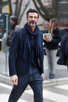 All blue Modest Winter Outfits, Older Mens Hairstyles, The Sartorialist, Beard Styles For Men