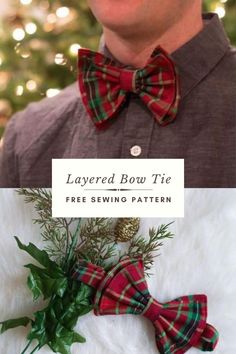 a man wearing a plaid bow tie next to a christmas tree with greenery on it