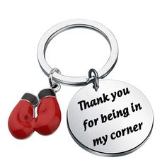 a key chain with two red boxing gloves on it that says thank you for being in my corner