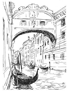 a black and white drawing of a gondola on a canal in venice, italy