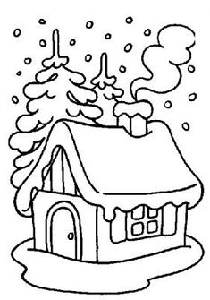 a house with a tree and snowflakes on the roof is outlined in black and white