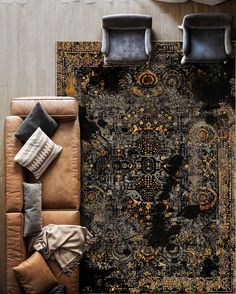 an overhead view of a living room with couches and rugs