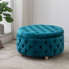 a blue round ottoman sitting on top of a floor next to a potted plant