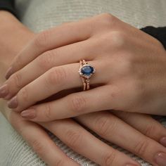 Blue Sapphire Vintage engagement Ring in hand Sapphire Engagement Ring Gold, Blue Sapphire Wedding Band, Sapphire Engagement Ring Halo, Rose Gold Halo Engagement Ring, Oval Halo Engagement Ring, Sapphire Engagement Ring Set, Oval Sapphire Ring, Vintage Inspired Engagement Rings, Blue Engagement Ring