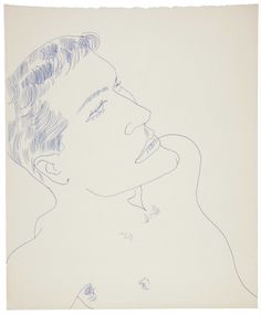 a drawing of a woman's face in blue ink