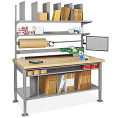 a workbench with shelves and various items on it