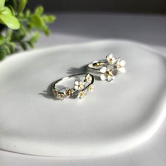 two rings with flowers on them sitting on a white surface next to a potted plant