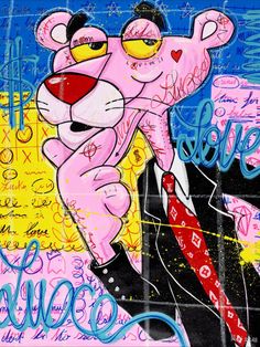 a painting of a man in a suit and tie with a pink bear on his chest