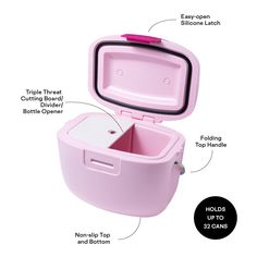 an open pink lunch box with instructions on how to put the lid and handle in it