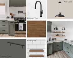 the different colors of kitchen cabinets and countertops are shown in this collage, including gray