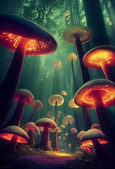 many glowing mushrooms in the forest