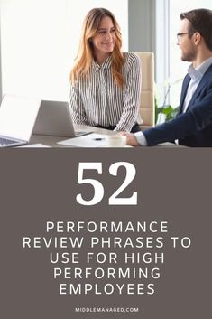 two people sitting at a desk with the text 52 performance review phrases to use for high performing