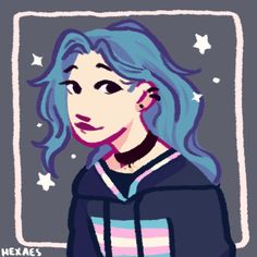 a drawing of a girl with blue hair and stars on her shirt, looking at the camera