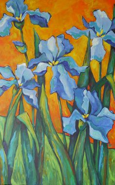 a painting of blue flowers in front of an orange sky