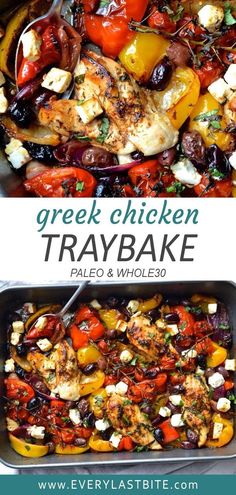 greek chicken tray bake with vegetables and feta cheese