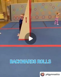 two young children are practicing gymnastics in an indoor gym with the caption backwards rolls