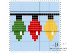 a cross stitch pattern with three bells hanging from it's sides and the words loveable loops written on them