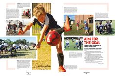 an article in the sports magazine features photos of young boys playing soccer and kicking balls