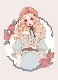 a drawing of a girl with long blonde hair wearing a blue dress and pink roses around her neck