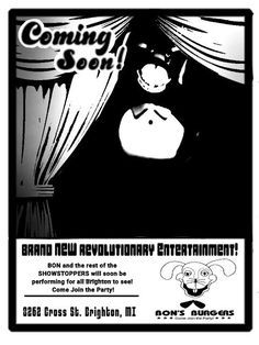 the poster for an upcoming show featuring clowns and other characters in black and white