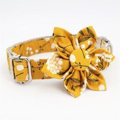 a yellow dog collar with white flowers on it