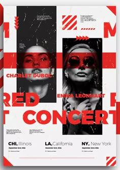 a poster for the red concert featuring two women with their faces covered in black and white