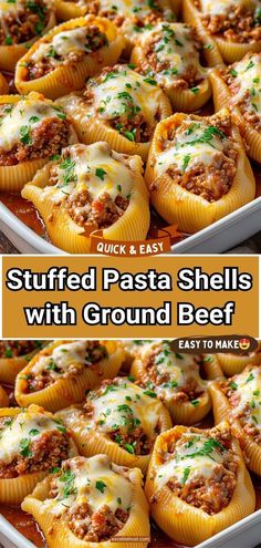 stuffed pasta shells with ground beef in a casserole dish