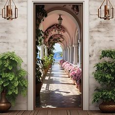 an open door leading to a walkway with flowers and potted plants on either side