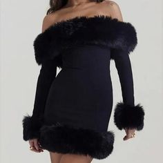 Discover Unmatched Elegance Introducing our latest addition to the world of high fashion - the Elegant Off-Shoulder Fur-Trimmed Bodycon Mini Dress from our Autumn 2023 Collection. Designed for the modern woman who adores sophistication with a hint of daring, this dress is a perfect blend of style and comfort. Crafted for those special evenings and upscale parties, it promises to make you the center of attention wherever you go. Product Features Our dress boasts an array of features that set it a Off Shoulder Fur Dress, Fur Dresses For Women, Fur Trimmed Dress, Black Dress With Fur, Fur Dresses, Fur Trim Dress, Fur Decoration, Fur Dress, Fur Decor