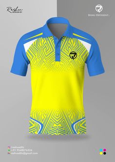 a yellow and blue polo shirt with an abstract design on the chest, in front of a gray background