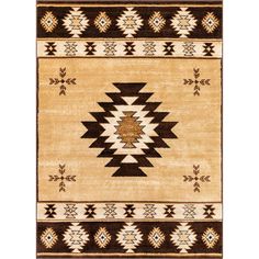 an area rug with brown and white designs on the front, black and tan accents