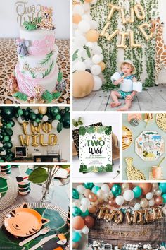 a collage of photos with animals, balloons and other items for a jungle themed birthday party