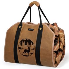 a brown bag filled with logs on top of a white background