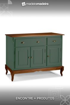 a green cabinet with two doors and three drawers on the bottom, in front of a white background