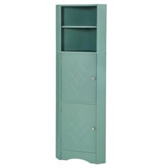 a tall green metal cabinet with two doors