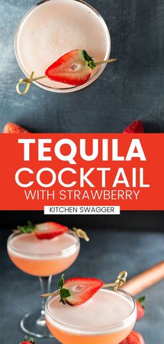 tequila cocktail with strawberry garnish served in coupe glasses and topped with strawberries