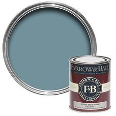 the farrow & ball paint is blue and has a silver tin on it with a white