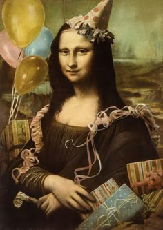 a painting of a woman wearing a party hat with balloons and presents in front of her