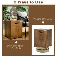 an outdoor patio side end table with 2 ways to use it