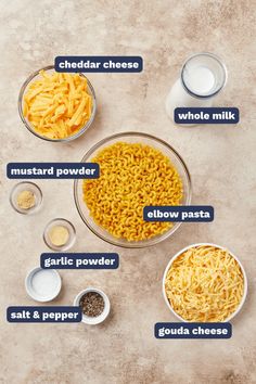 ingredients to make macaroni and cheese in bowls