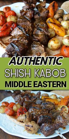 Cubes of beef on skewers with veggies with Pinterest overlay. Beef Shish Kabob Marinade, Shish Kabob Marinade, Kafta Kabob Recipe, Beef Shish Kabob, Kebab Recipes Beef, Beef Kabob Marinade, Beef Kebab, Shishkabobs Recipe, Best Marinade