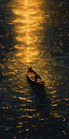 a small boat floating on top of a body of water under a yellow sunlit sky