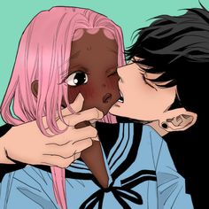 two people with pink hair are kissing each other