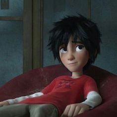 an animated character with black hair sitting on a red chair