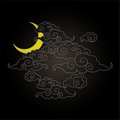 a drawing of a crescent moon with clouds in the sky above it on a black background